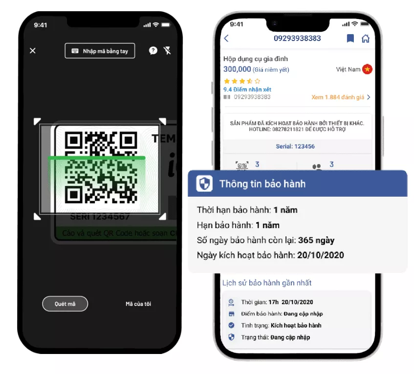 màn hình kích hoạt tem bảo hành điện tử qr code